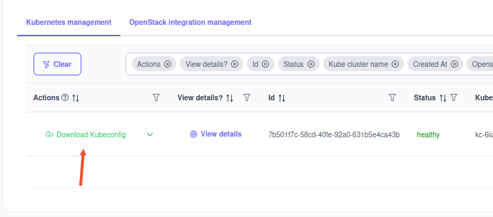 Arrow pointing to Download-Kubeconfig